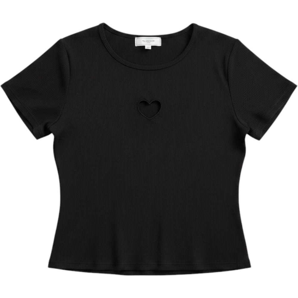 No Comment NY-LA Black Ribbed Heart Cutout Baby Tee Y2K Fitted Top XL